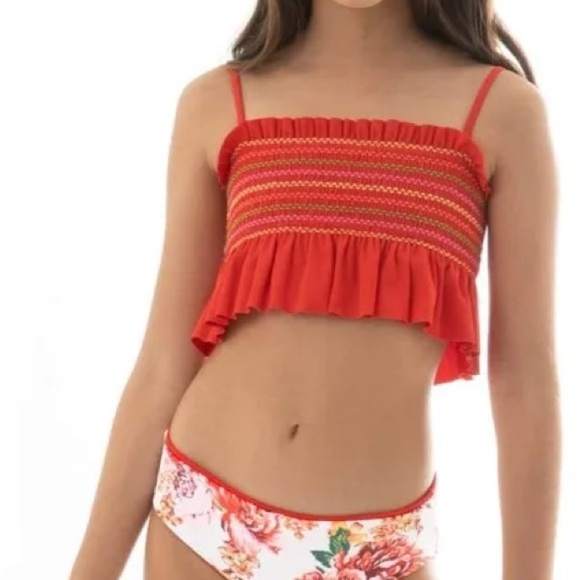 Maaij Camelia Fiesta Red Ruffled Smocked Crop Bikini Top Size 12 Swim Beach - Picture 3 of 11